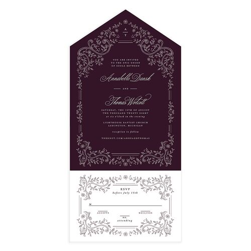 Luxury Victorian Gothic Lace All-in-One Wedding Invitations Bordeaux Signature Light Both Recipient and Return Addresses No