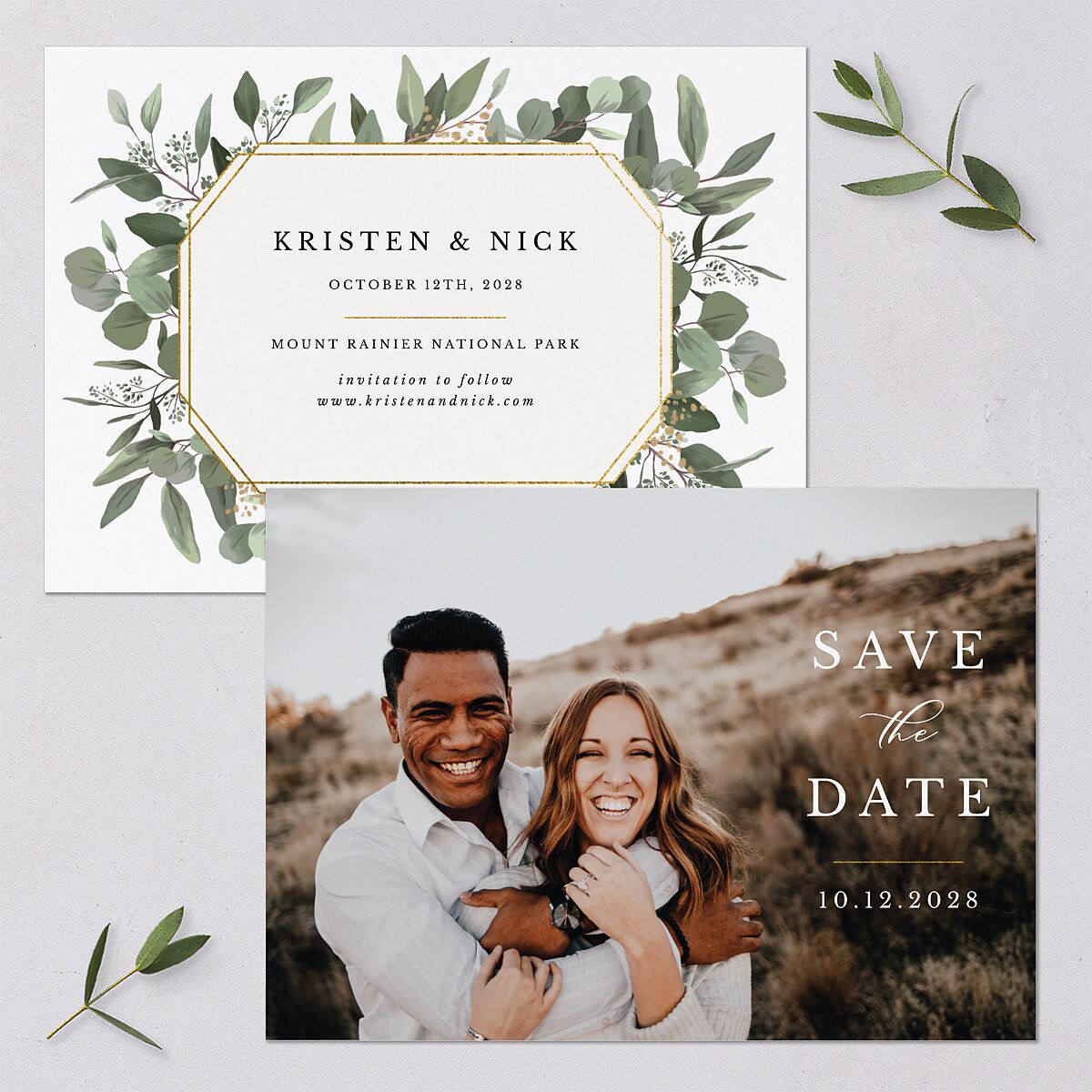 Eucalyptus Frame Save The Date Cards — view 1