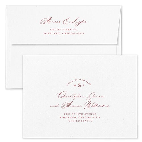 Monogram Christmas Holiday Card Envelopes Blue Pink Cotton Both Recipient and Return Addresses Standard Signature
