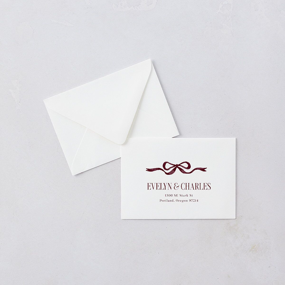 Whimsical Hand Drawn Bow Response Card Euro Envelopes White Burgundy Return Address Luxe
