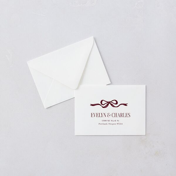 Whimsical Hand Drawn Bow Response Card Euro Envelopes White Burgundy Return Address Luxe