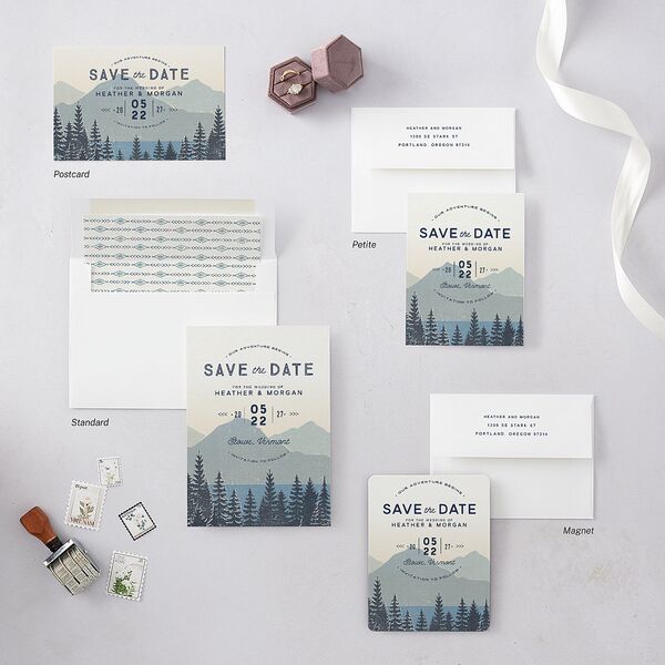 Vintage Mountain Save The Date Postcards Dusty Blue