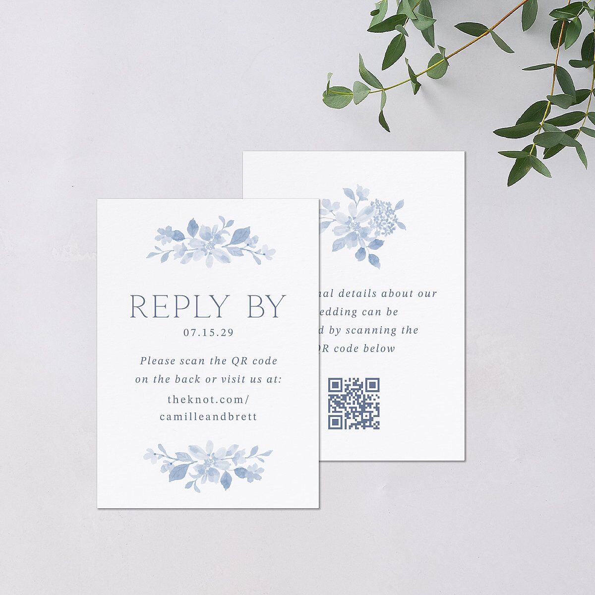 Porcelain Blue Floral Watercolor QR Code RSVP Cards Cornflower Signature Standard