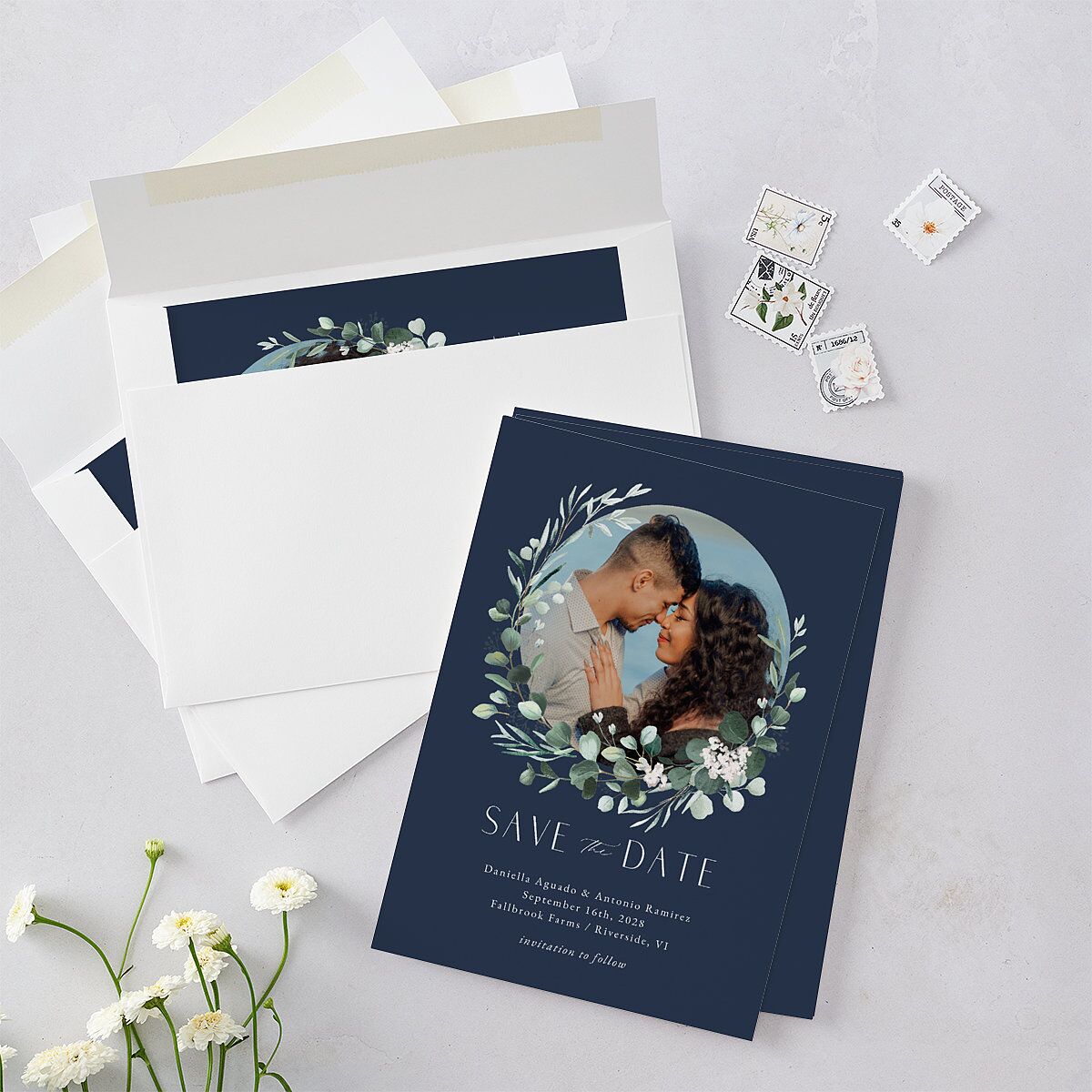 Eucalyptus Hoop Save the Date Cards Moody Blue Signature smooth Blank No Standard
