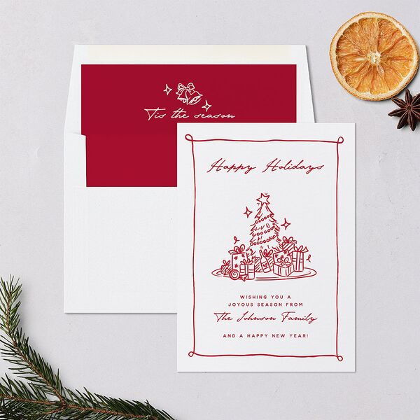 Hand Drawn Christmas Tree Holiday Cards Jewel Red Signature Blank Standard Portrait