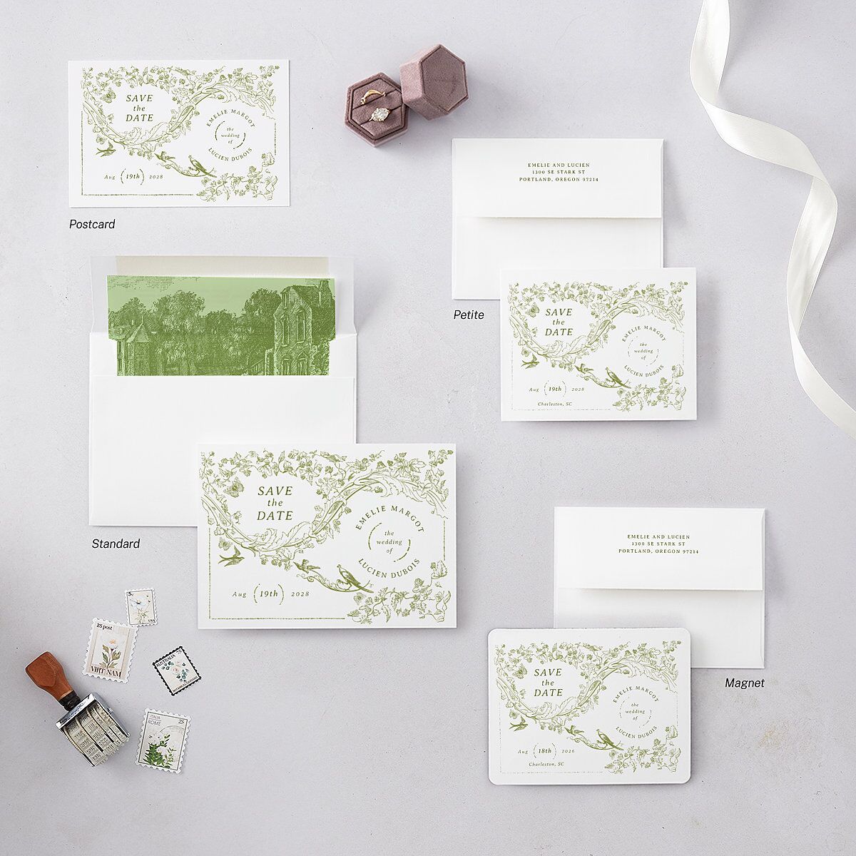 Vintage Toile Save the Date Petite Cards Dark Camo Signature smooth Blank No Standard