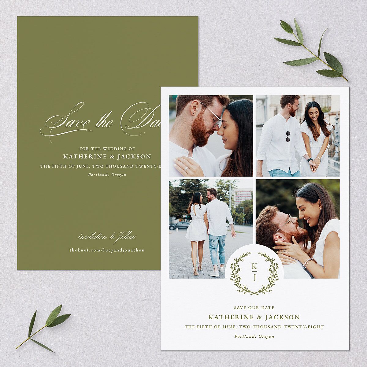 Monogram Branch Gallery Save the Date Cards Olive Signature smooth Blank No Standard