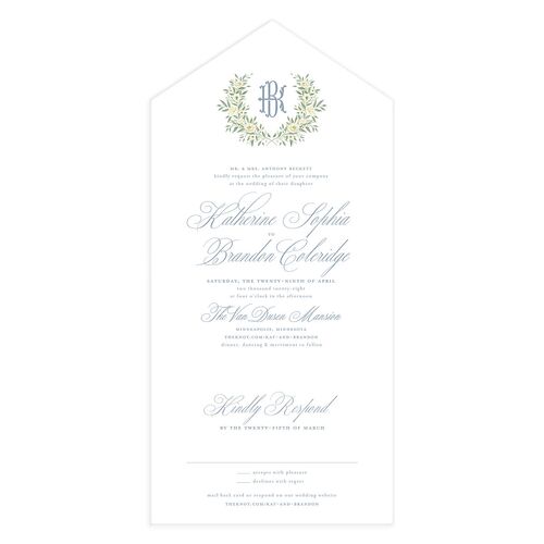 Luxury Floral Monogram All-in-One Wedding Invitations Sea Blue Signature Light Both Recipient and Return Addresses No