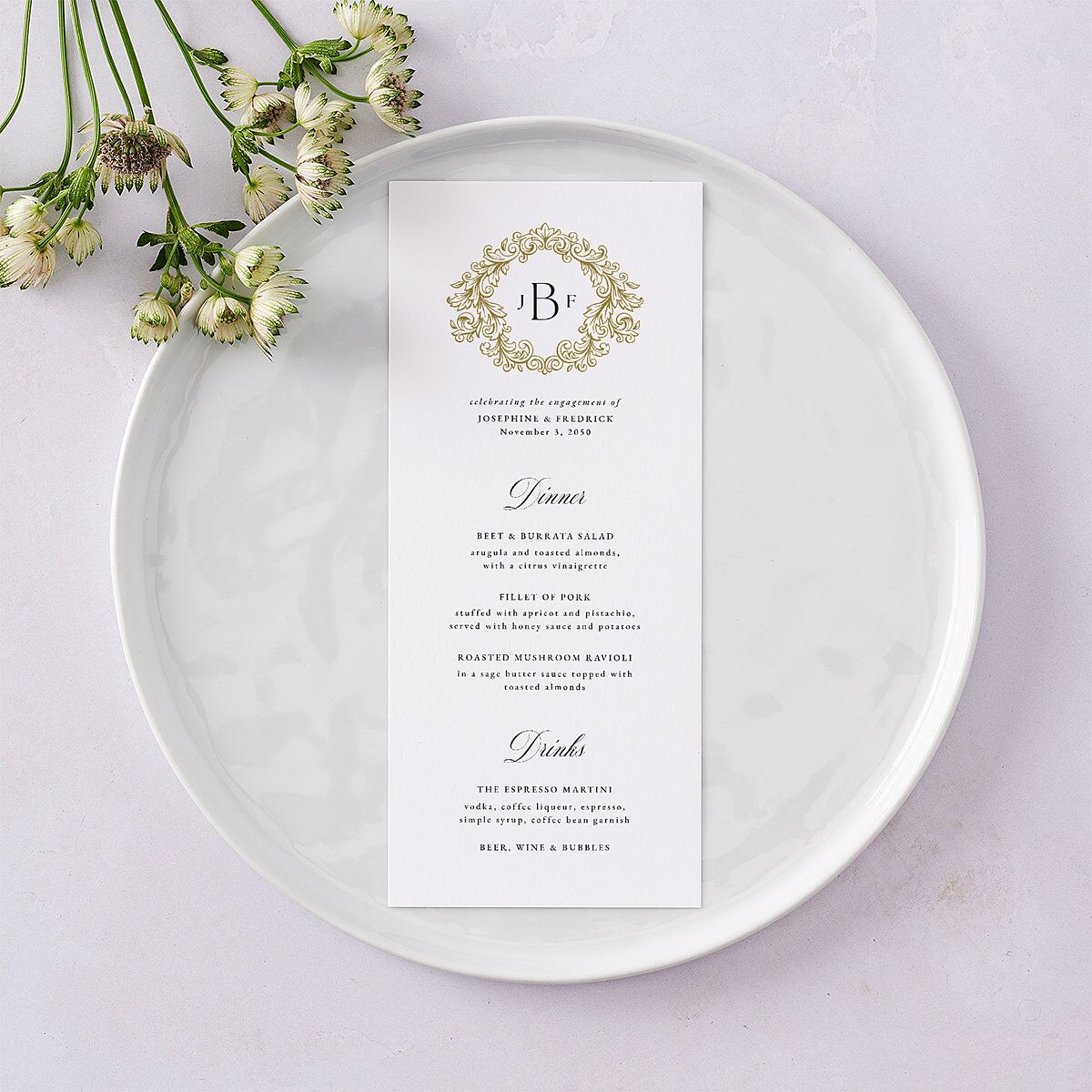 Black Tie Crest Engagement Party Menus Pure White Signature