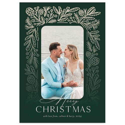 Pinecone Frame Holiday Cards Dark Green Signature Blank