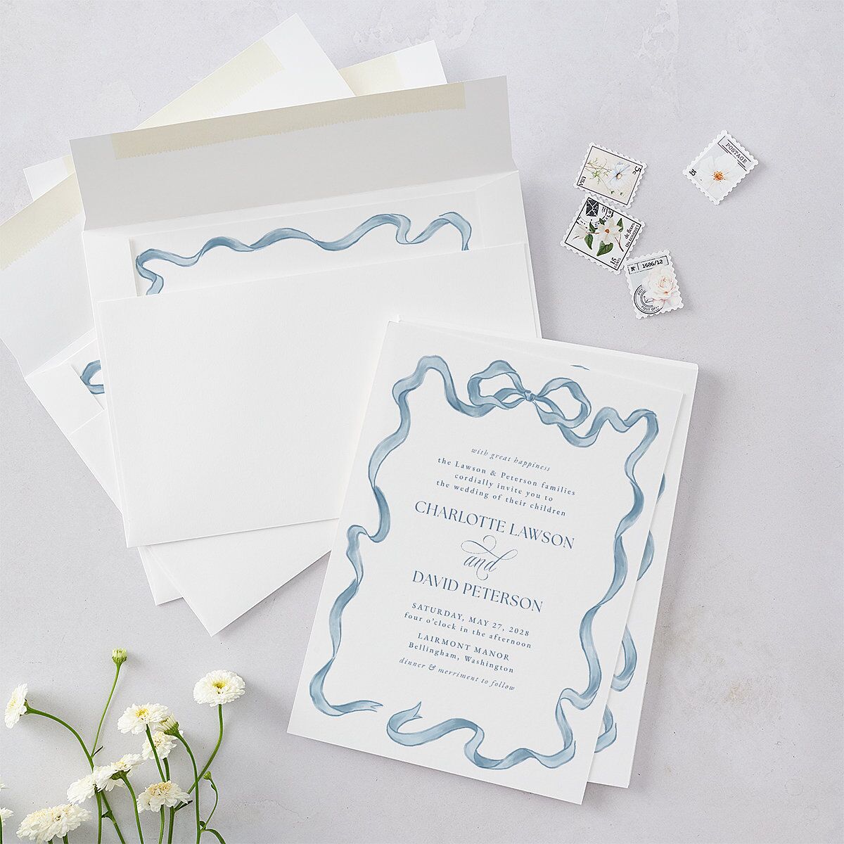 Vintage Bow Wedding Invitations Regency Blue Signature Blank No Standard