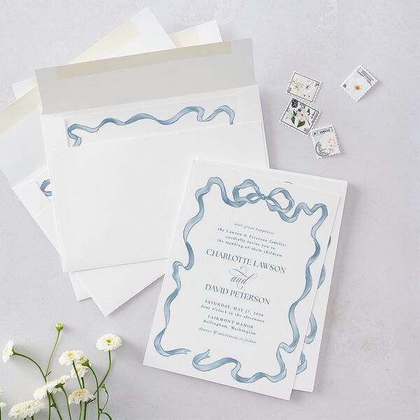 Vintage Bow Wedding Invitations Regency Blue Signature Blank No Standard