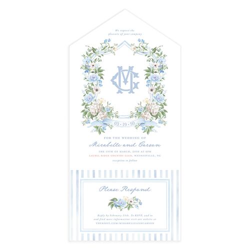 Maximalist Floral Crest All-in-One Wedding Invitations Dusty Blue Signature Light Both Recipient and Return Addresses No