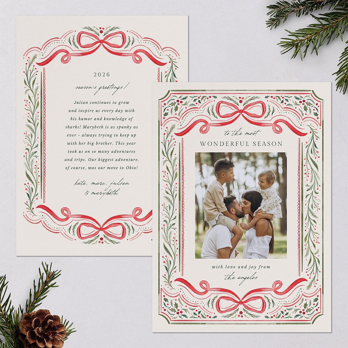 Whimsical Holiday Bow with Garland Holiday Cards Ruby Signature Blank Portrait Standard