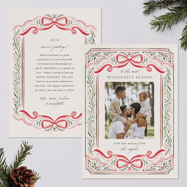 Whimsical Holiday Bow with Garland Holiday Cards Ruby Signature Blank Portrait Standard