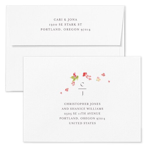 Scattered Blossoms Wedding Invitation Envelopes Blue Peach Pink Both Recipient and Return Addresses Standard Signature