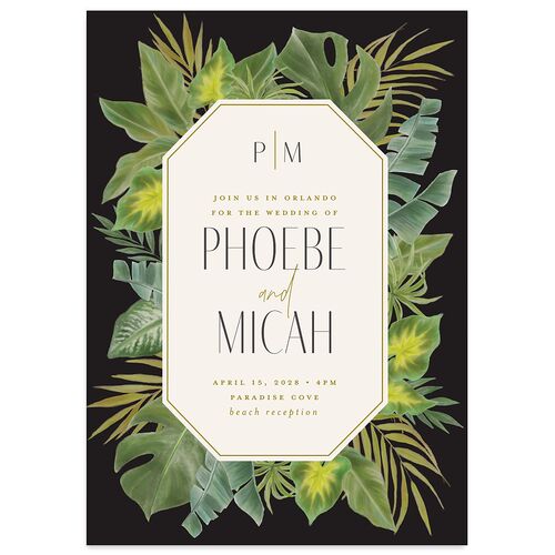 Hawaiian Tropical Monstera Frame Wedding Invitations Charcoal Signature Blank No Standard