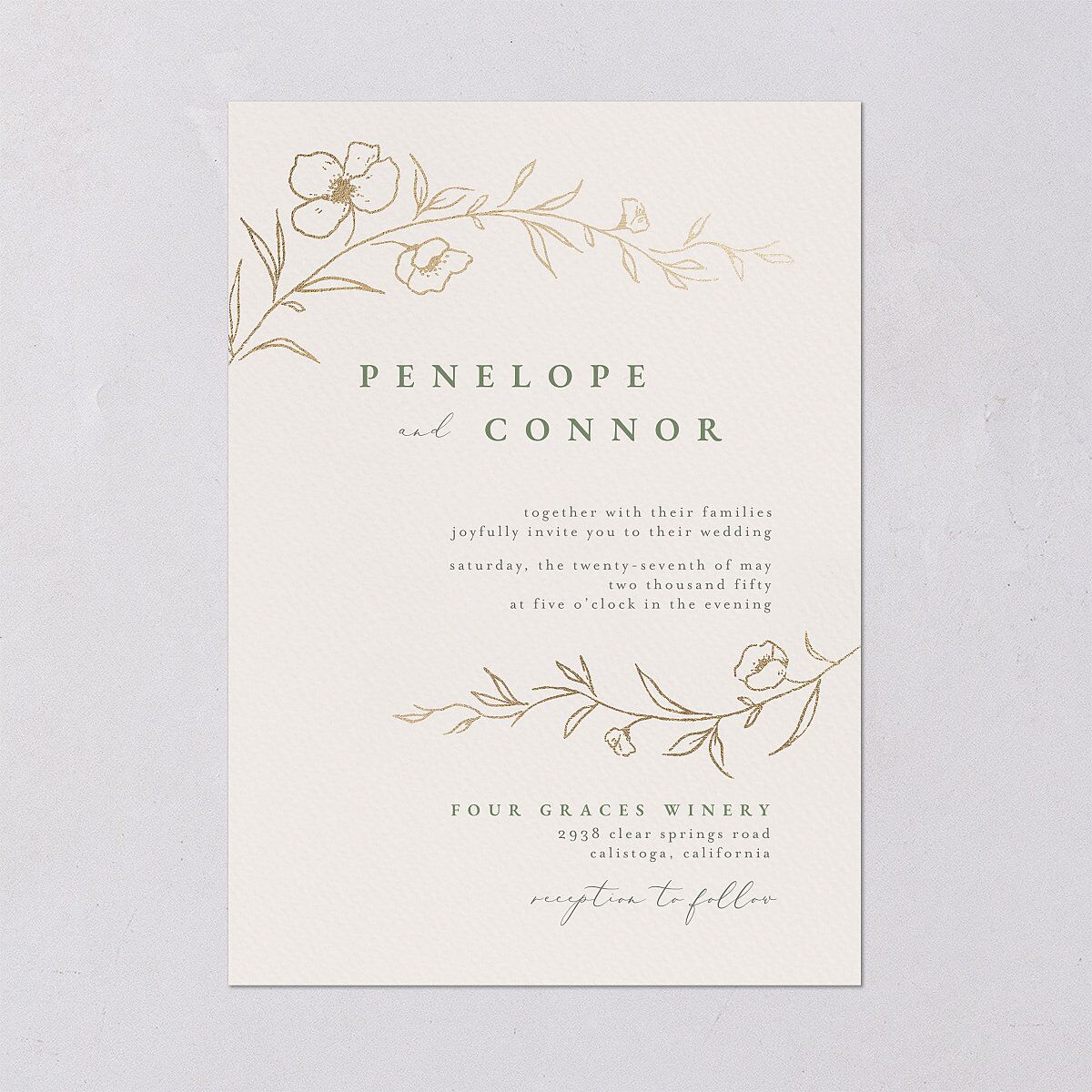 Graceful Botanical Foil Wedding Invitations Greenery Gold Signature Blank No Standard