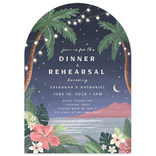 Vintage Hawaiian Island Rehearsal Dinner Invitations Midnight Navy Signature Blank Arch