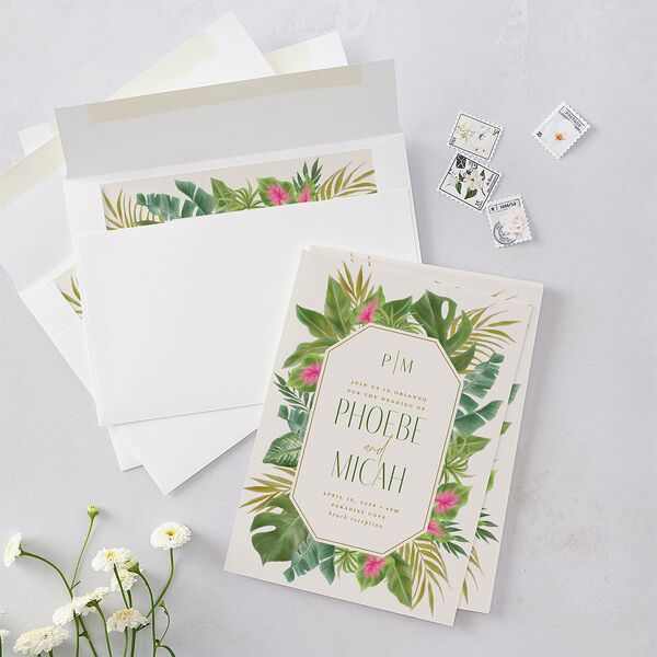Hawaiian Tropical Monstera Frame Wedding Invitations Scottish Green Signature Blank No Standard