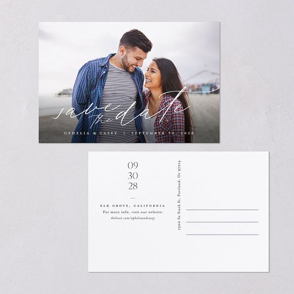 Stefana Crowns Save the Date Postcards Moody Blue