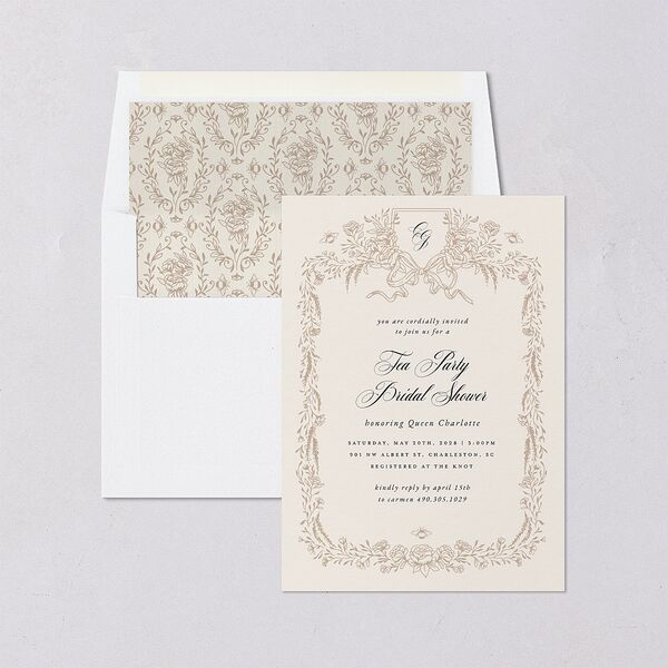 Rose Garden Crest Bridal Shower Invitations by Bridgerton Taupe Signature Blank Standard
