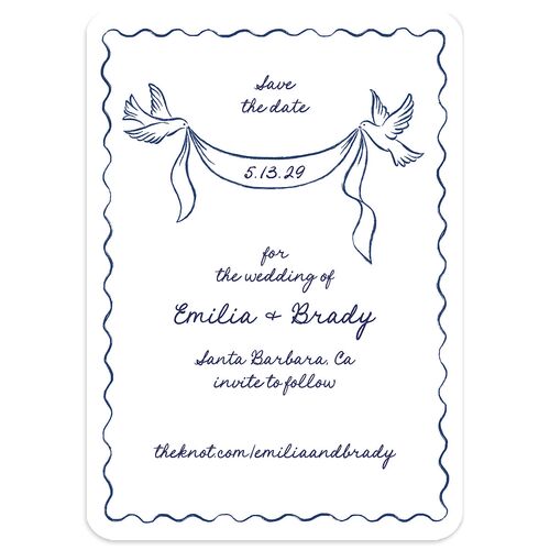 Vintage Lovebird Banner Save the Date Cards Navy Signature smooth Blank No Rounded