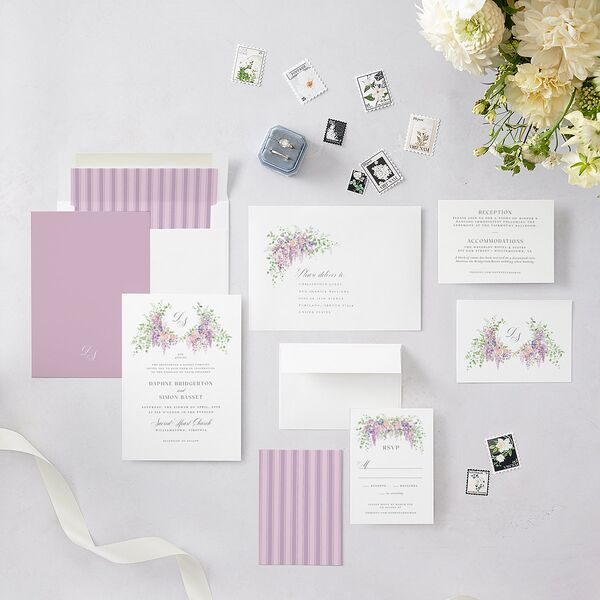 Formal Wisteria Garden Crest Wedding Invitations by Bridgerton Purple Haze Signature Blank No
