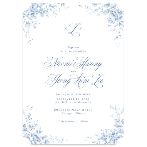 Vintage Florals Wedding Invitations Regency Blue Signature Blank No Ticket