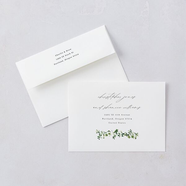 Simple Vine Save The Date Card Envelopes White Deep Olive Both Recipient and Return Addresses Signature Standard