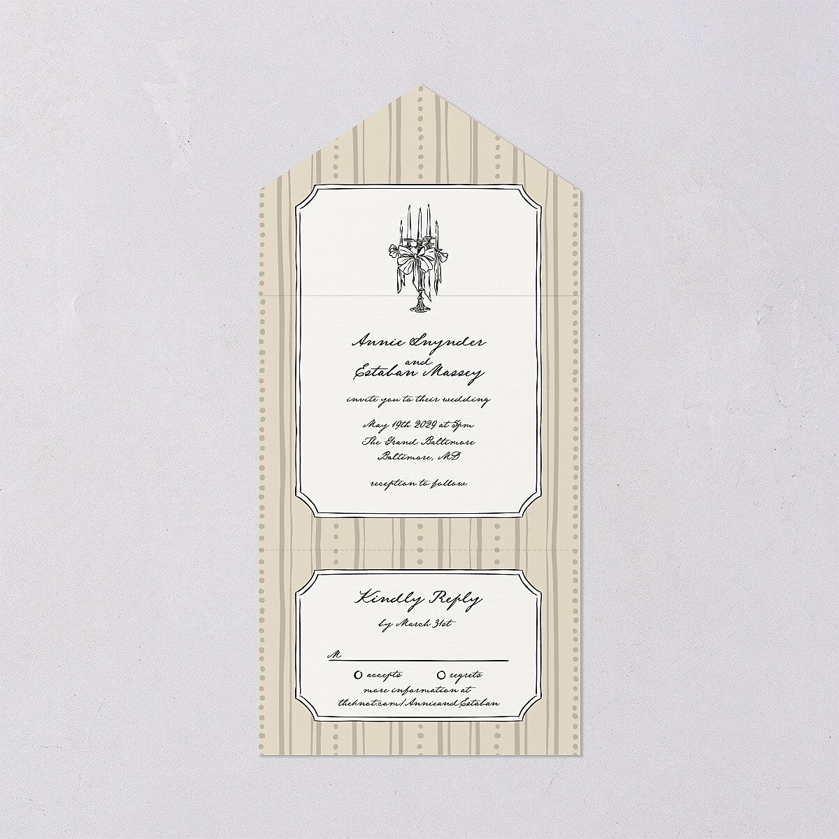 Vintage Candelabra with Bow All-in-One Wedding Invitations Bisque Signature Light Both Recipient and Return Addresses No