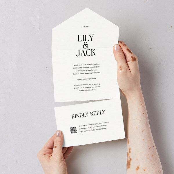 Elegant Minimalist All-in-One Wedding Invitations Pure White Signature Light Both Recipient and Return Addresses No