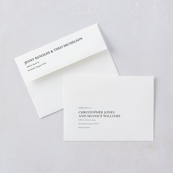 Magazine Cover Rehearsal Dinner Invitation Envelopes Licorice White Both Recipient and Return Addresses Signature Standard