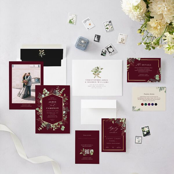Elegant Eucalyptus Christmas Foil Wedding Invitations Gold Burgundy Signature Blank No Standard