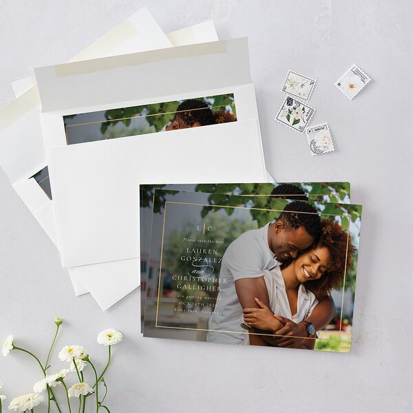 Timeless Frame Save The Date Cards Gold Pure White Signature smooth Blank No Standard