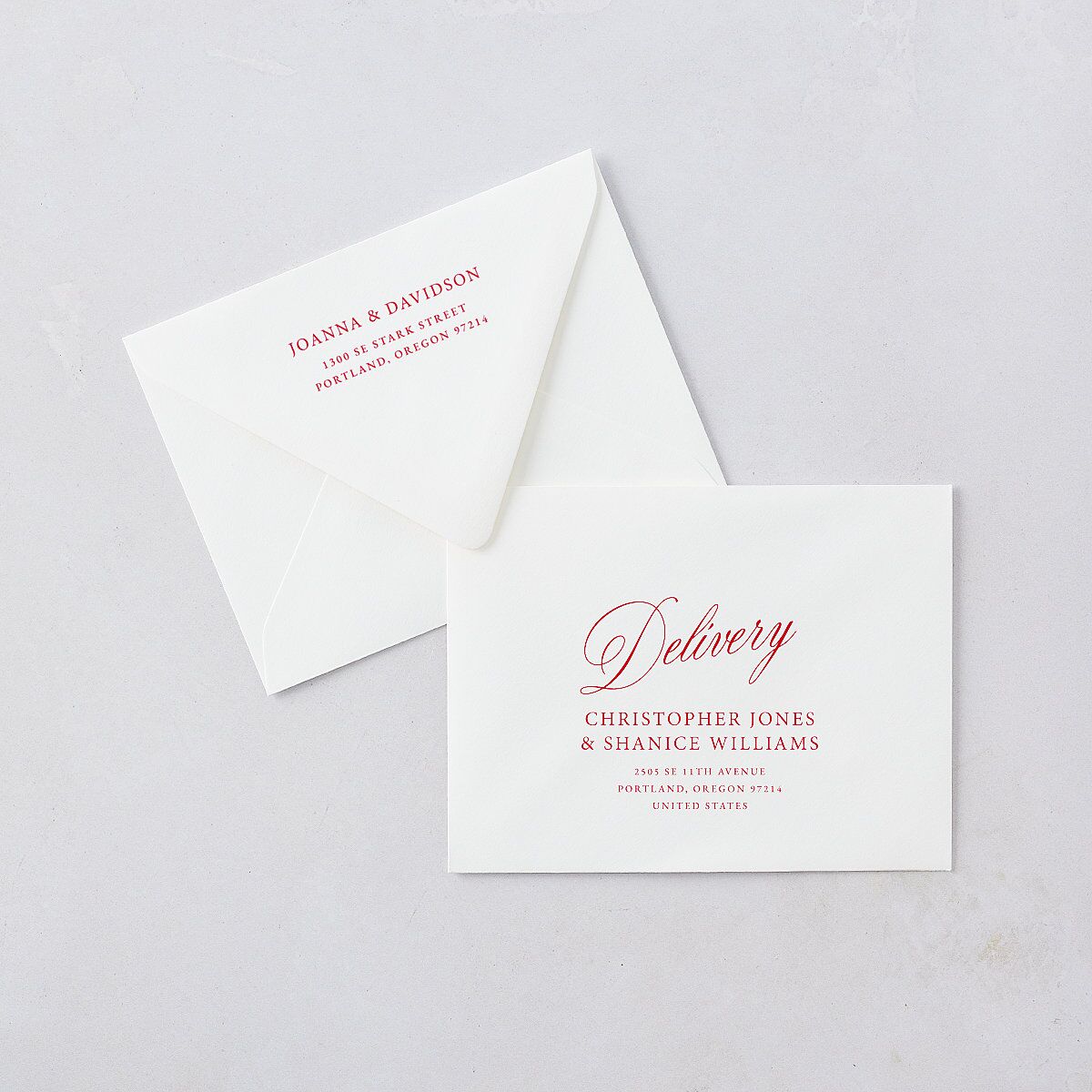 We're Getting Married Thank You Card Euro Envelopes Ruby White Both Recipient and Return Addresses Luxe Signature