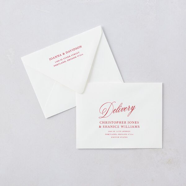 We're Getting Married Thank You Card Euro Envelopes Ruby White Both Recipient and Return Addresses Luxe Signature