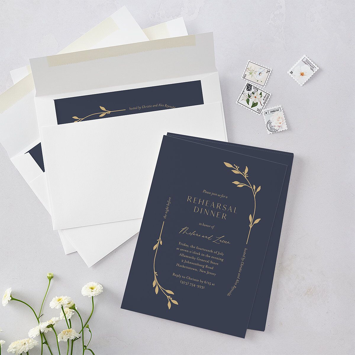 Gilded Sprigs Rehearsal Dinner Invitations Moody Blue Signature Blank Standard