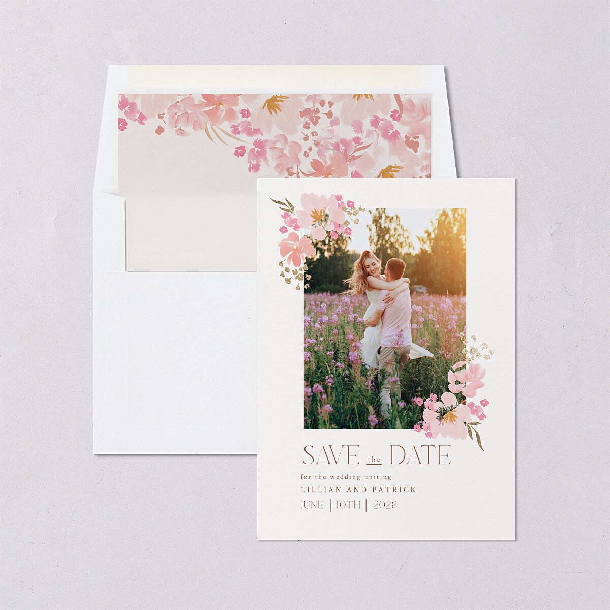 Blooming Frame Save The Date Cards Gold Pink Cotton Signature smooth Blank No Standard