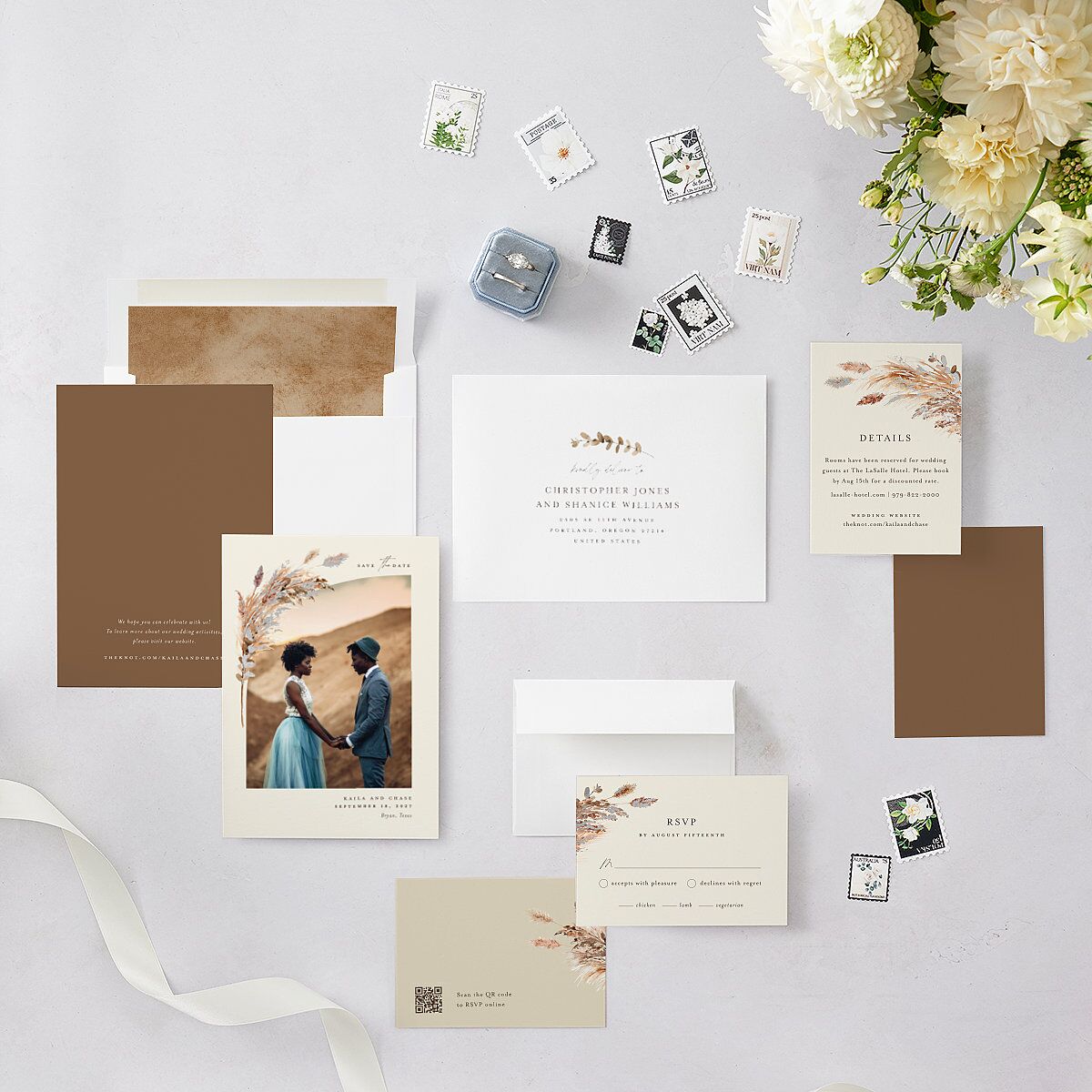 Soft Pampas Foil Save the Date Cards Silver Sepia Signature smooth Blank No
