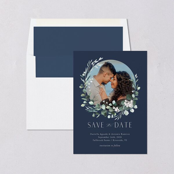 Eucalyptus Hoop Save the Date Cards Moody Blue Signature smooth Blank No Standard