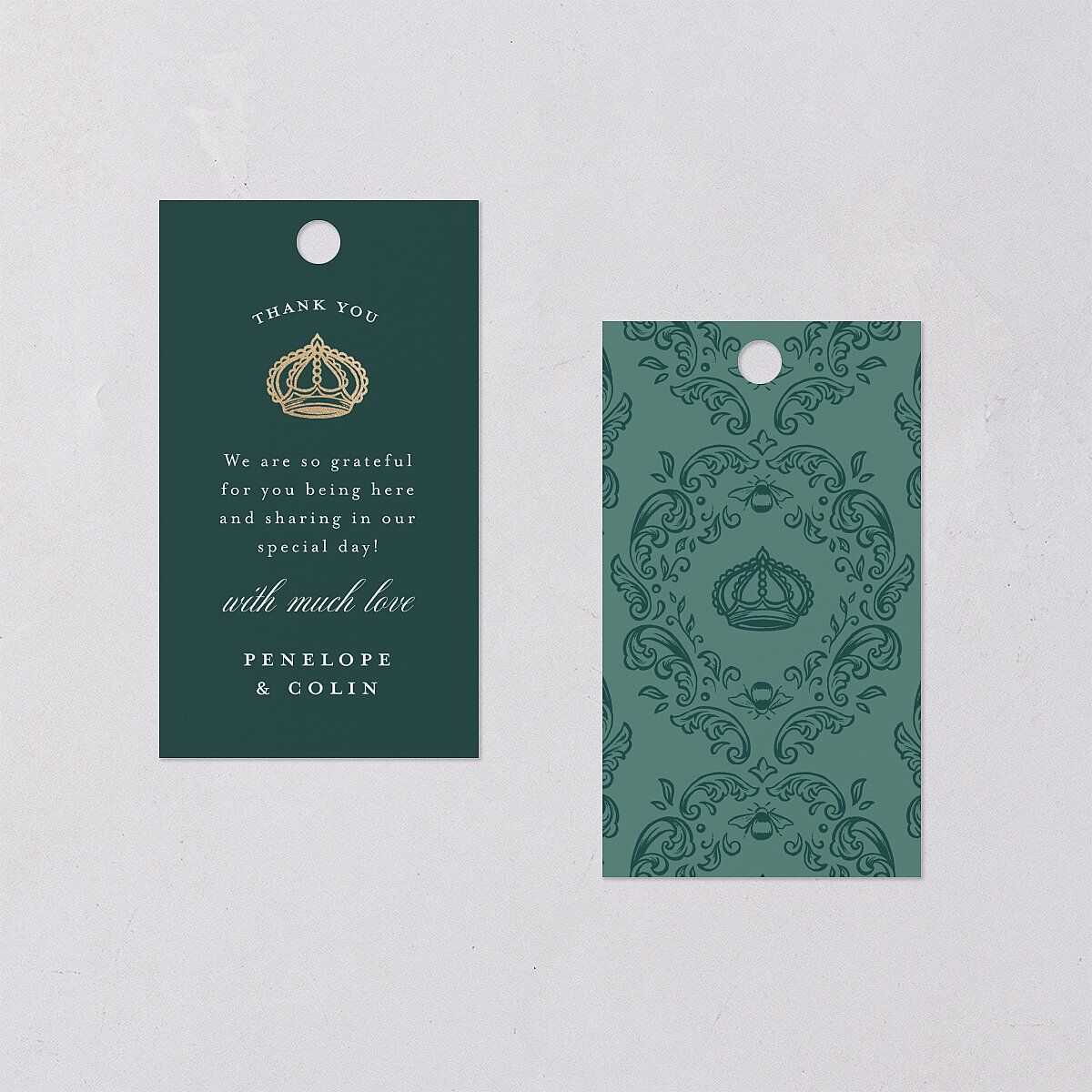 Glamorous Crown Monogram Crest Favor Gift Tags by Bridgerton Gold Deep Lake Signature