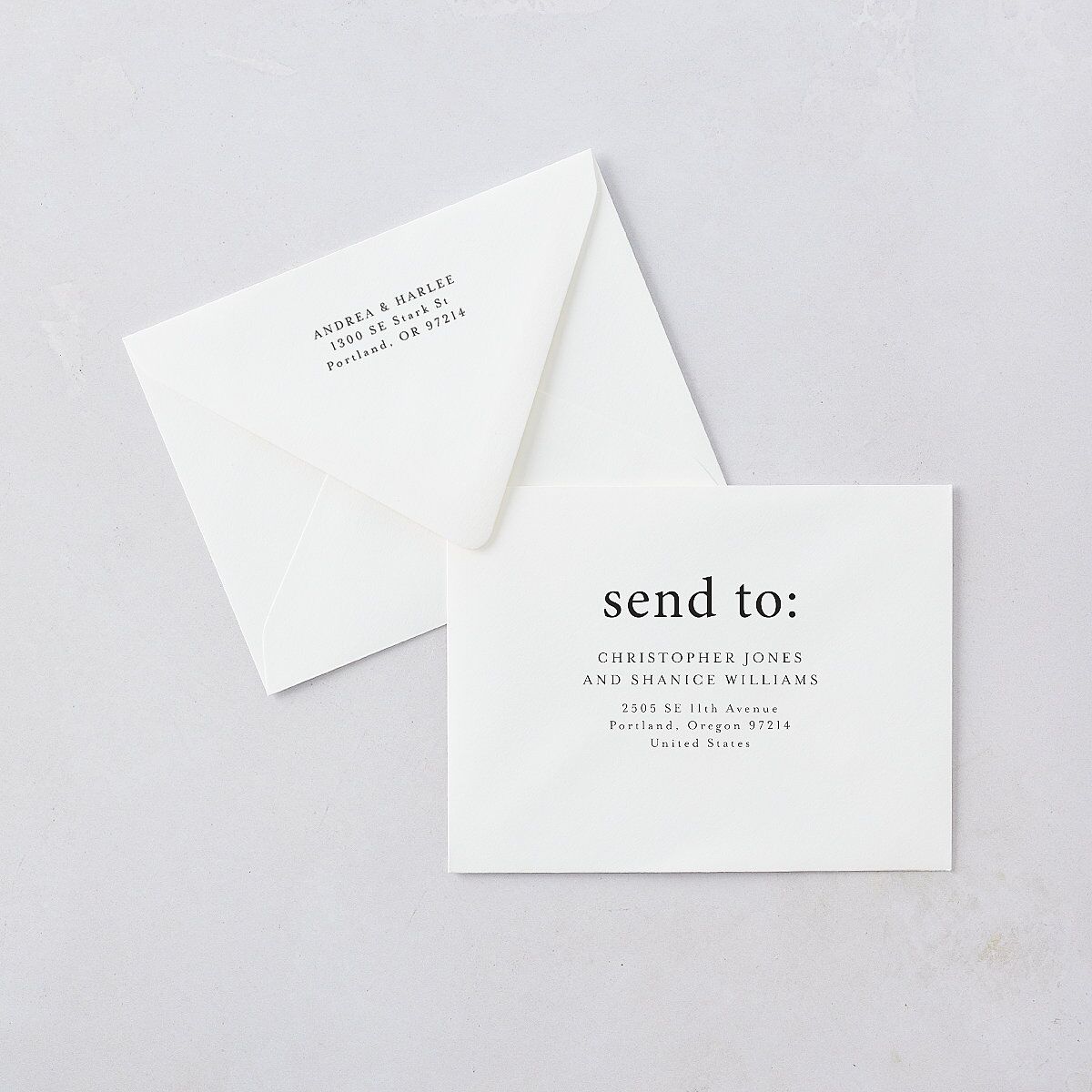 Timeless Photo Trio Save the Date Petite Card Euro Envelopes White Linen Both Recipient and Return Addresses Luxe Signature