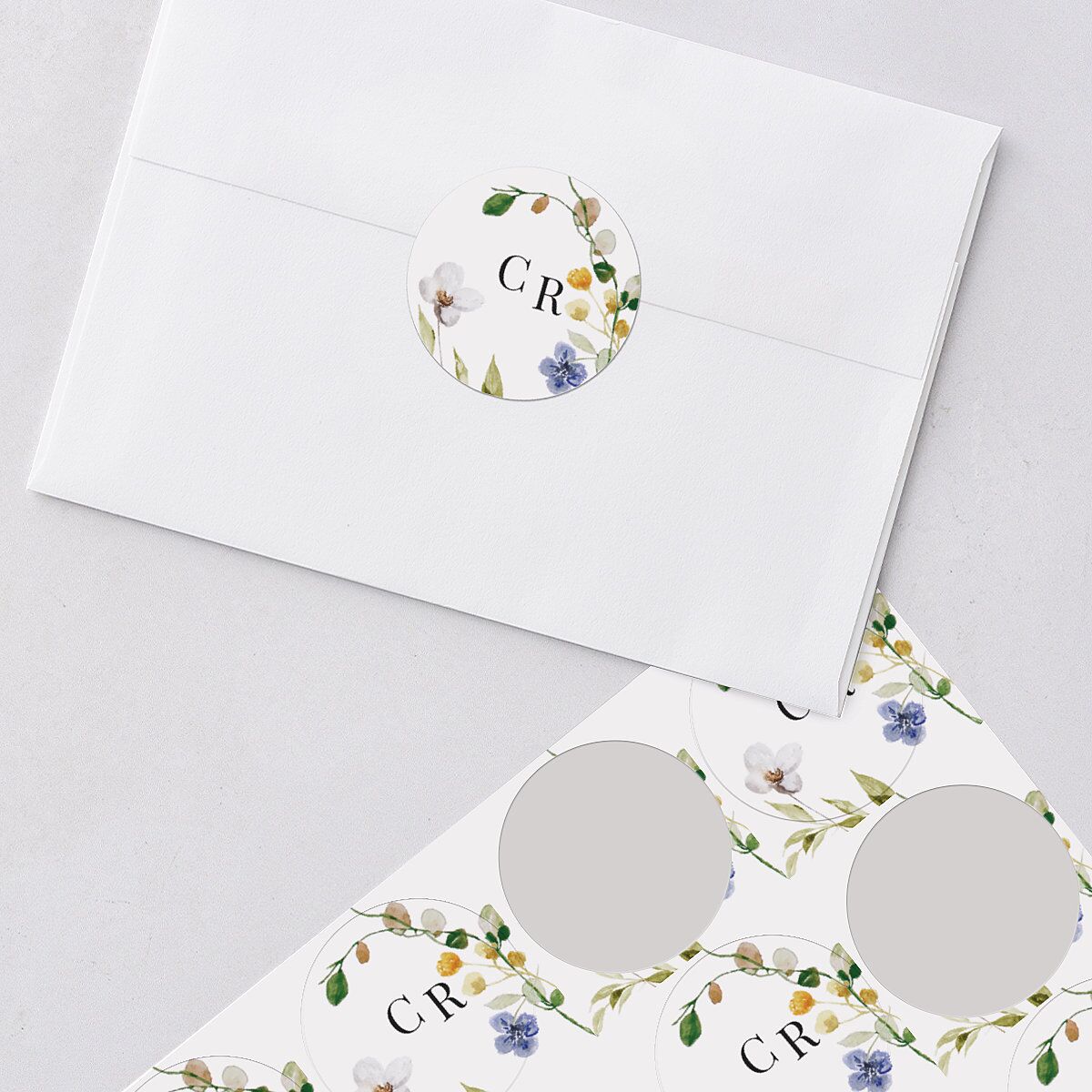 Delicate Wildflower Wedding Stickers Pure White Circle