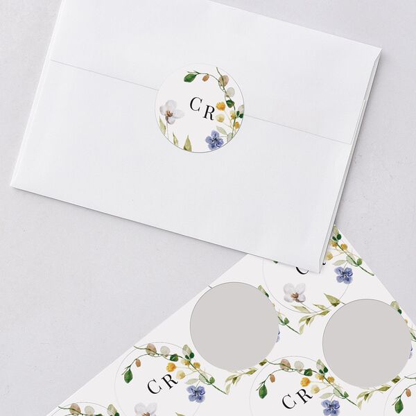Delicate Wildflower Wedding Stickers Pure White Circle