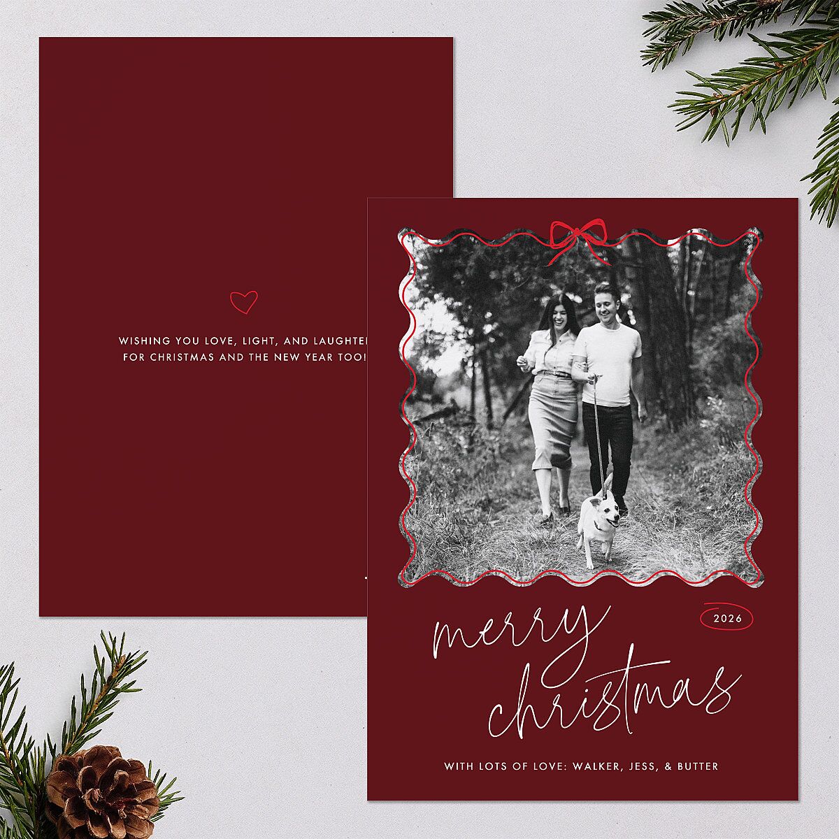 Wavy Bow Frame Holiday Cards Jewel Red Signature Blank Standard Portrait