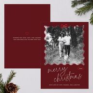 Wavy Bow Frame Holiday Cards Jewel Red Signature Blank Standard Portrait