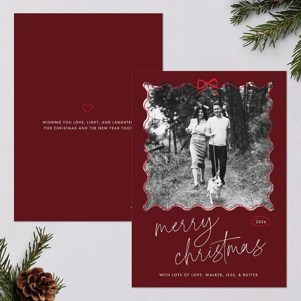 Wavy Bow Frame Holiday Cards Jewel Red Signature Blank Standard Portrait