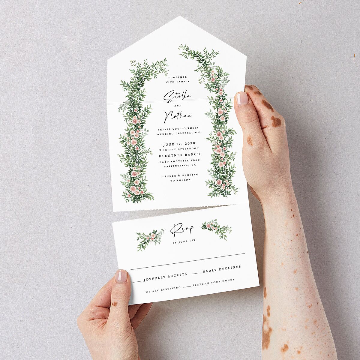 Floral Arc All-in-One Wedding Invitations Shell Pink Signature Light Both Recipient and Return Addresses No
