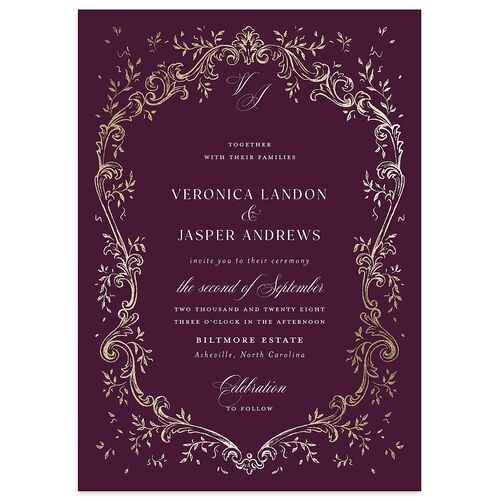 Formal Opulent Frame Foil Wedding Invitations Bordeaux Gold No Signature Blank Standard